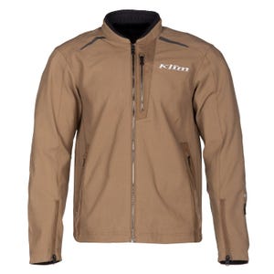 May include: A tan-coloured motorcycle jacket featuring a high collar, a full-length front zip, and two zipped hand pockets. The jacket includes a vertical zipped chest pocket, dark grey accents on the shoulders, and the Klim logo in white.