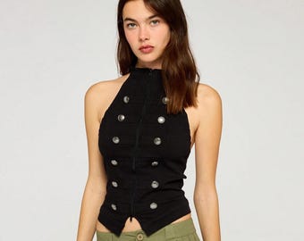 Sleeveless Black Halter Top with Double-Breasted Buttons – Festival, Party, Summer Wear