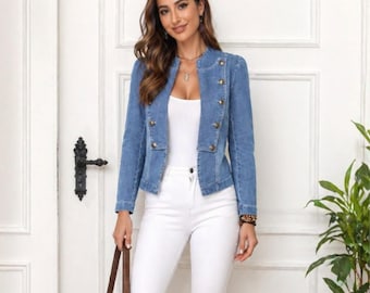 Retro Military Denim Jacket, Vintage Blue Jean Blazer, Slim Fit Streetwear Coat