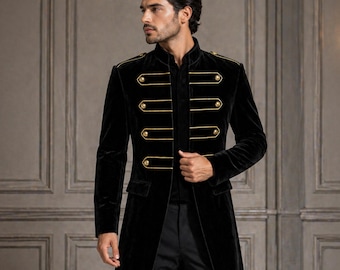 Black Velvet Military Napoleonic Tailcoat Blazer, Gold Trim Statement Outerwear