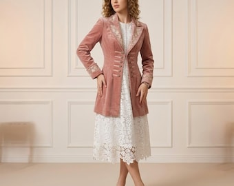 Handmade Victorian Vintage Style Long Velvet Coat for Women – Elegant Embroidered Statement Coat