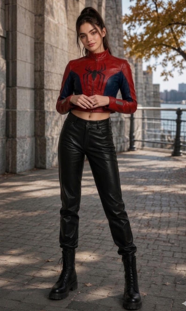 Puede incluir: Chaqueta de cuero roja y azul con un emblema de ara&ntilde;a negra en el pecho. La chaqueta se combina con pantalones de cuero negros y botas de combate negras. El atuendo se usa al aire libre.