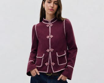 Retro Stand Collar Chinese Jacket, Traditional Frog Button Coat, Ethnic Inspired Outerwear