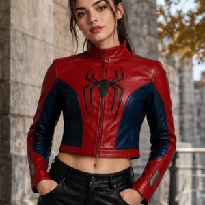 Puede incluir: Chaqueta de cuero corta roja y azul con un emblema de ara&ntilde;a negro en el pecho. La chaqueta tiene cuello alto y cierre de cremallera. Las mangas son rojas con detalles azules.