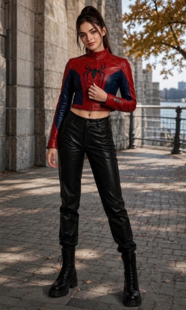 Puede incluir: Chaqueta de cuero corta roja y azul con un emblema de ara&ntilde;a negra en el pecho. La chaqueta se combina con pantalones de cuero negros y botas negras con cordones. El atuendo se usa al aire libre.