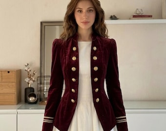 Vintage Velvet Blazer: British Preppy Double-Breasted Slim Fit Jacket