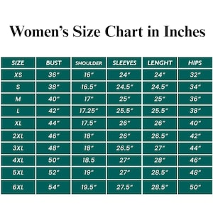 May include: A size chart in inches for women's clothing, with measurements for bust, shoulder, sleeves, length, and hips. Sizes range from XS to 6XL, with corresponding measurements in inches.