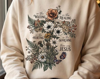 Floral Cross PNG, In The Waiting There Was Jesus Shirt, Retro Faith Clipart (Digital Download)