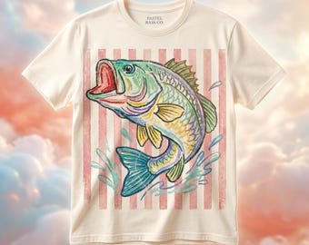 Retro Bass Fish PNG, Pastel Preppy Coastal Fishing Design (Digital Download)