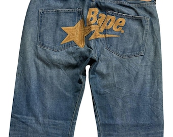 Vintage BAPE Jeans Mens L Blue Wash Big Logo Back Embroidery Y2K Streetwear Denim