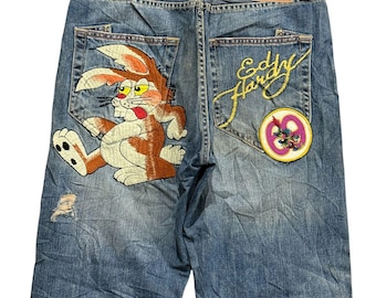 Ed Hardy Y2K Baggy Denim Jeans Bunny Graphic Wide Leg Streetwear W32 L41