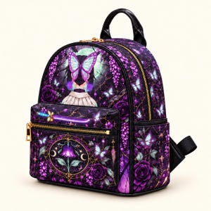 May include: A purple backpack featuring a graphic print of a character with a butterfly hair accessory, surrounded by purple roses, wisteria, and glowing butterflies. The front pocket displays a central floral emblem and a horizontal zip with gold hardware.