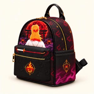 Puede incluir: Una mochila pequeña negra con el gráfico de un personaje de pelo amarillo frente a una luna roja y un arco torii. El bolsillo frontal muestra una espada y un icono de calabaza en llamas, mientras que el lateral tiene una linterna y cremalleras doradas.