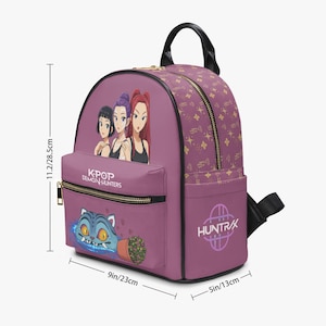 May include: A purple backpack with a black handle and zipper. The backpack features a graphic of three women and a cat with the text "K-POP DEMON HUNTERS". The backpack is 11.2 inches tall, 9 inches wide, and 5 inches deep.