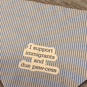 May include: A blue and white striped pet bandana with the text "I support immigrants and due paw-cess" in a white font. The bandana is folded in a triangle shape.