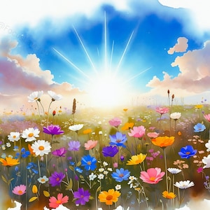 Wildflower Meadow, Watercolor Floral Landscape Wall Art, Frame TV, Botanical Print, Oversized Statement Piece