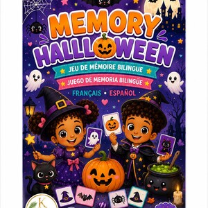 Puede incluir: Una caja de juego de memoria bilingüe de Halloween con fondo morado, luna llena, castillo encantado, fantasmas y un murciélago. Dos niños con disfraces de bruja y mago sostienen cartas. Texto: MEMORY HALLLOWEEN, JEU DE MÉMOIRE BILINGUE, JUEGO DE MEMORIA BILINGÜE, FRANÇAIS, ESPAÑOL, 4-8 ANS.
