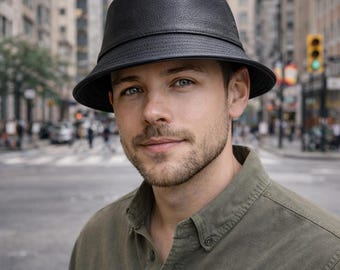 Black Genuine Leather Bucket Hat for Men Women, Minimal Unisex Hat