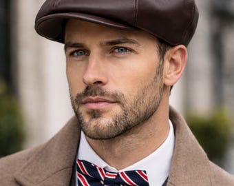 Genuine Cowhide Leather Newsboy Cap, Classic Apple Cap for Men, Father's day Gift