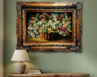 Luxus handgewebter Seidenteppich mit Blumenmuster, gerahmter handgeknüpfter bildlicher Seidenteppich, Wandteppich im Vintage-Stil,