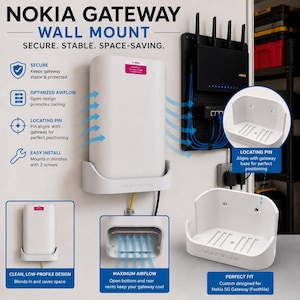 May include: A white plastic wall mount for a Nokia Gateway, featuring a curved cradle design with ventilation slots. The mount includes a central locating pin for alignment, screw holes for installation, and the brand name ObjectLogic embossed on the front.