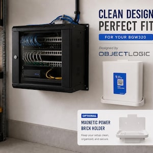 May include: A black wall-mounted network server cabinet with blue cables and a white wall-mounted bracket for a BGW320 gateway. The text reads CLEAN DESIGN PERFECT FIT FOR YOUR BGW320, Designed by OBJECTLOGIC, and OPTIONAL MAGNETIC POWER BRICK HOLDER.