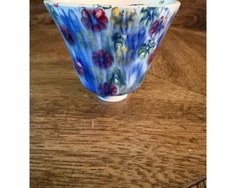 Studio Pottery Floral Tea Bowl Hand Painted Blue Flower Ceramic Vessel Mark A?