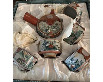 Vintage Japanse Kyusu-theeservieskopjes en pot in doos Clark's bladgoud