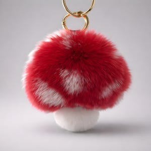 Fluffy Mushroom Keychain: Real Rex Rabbit Fur Bag Accessory