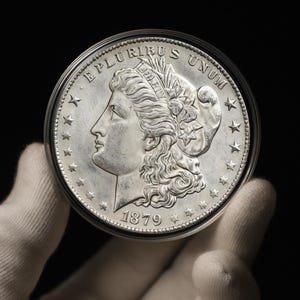 Puede incluir: Una moneda de plata de 1879, con el perfil de una mujer y la inscripción "E PLURIBUS UNUM". La moneda se sostiene en una funda protectora transparente, con un fondo negro. La moneda tiene un diseño detallado con estrellas alrededor del borde.