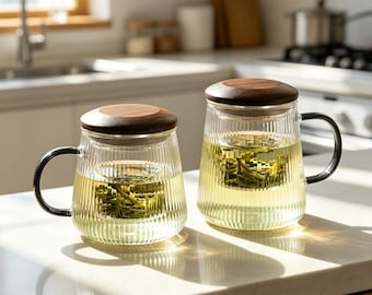 Glass Tea Mug With Wooden Lid, Japanese Borosilicate Cup, Office Home Coffee Tea Cup, Minimalist Drinkware Gift