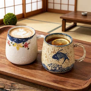 Japansk handmålad keramisk mugg, Wabi Sabi-glas, blommig fiskdesign
