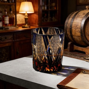 Vaso de whisky de cristal tallado a mano – Arte Kiriko Edo, vidrio sin plomo, ámbar/verde/rojo