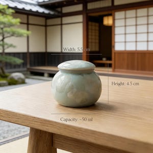 May include: A small, light green ceramic jar with a lid, 2.2 inches wide and 1.8 inches high, with a capacity of approximately 1.7 fluid ounces. The jar is sitting on a wooden table. The background features a traditional Japanese interior.