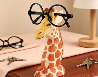 Handgesneden lenzenvloeistofhouder met dieren, houten cadeau giraffe en eland, bureaustandaard voor bril opbergen zonnebril