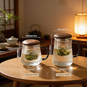 Puede incluir: Dos tazas de té de vidrio con tapas de madera y asas negras sobre una mesa de madera. Las tazas tienen un diseño acanalado y contienen hojas de té. La altura de la taza más pequeña es de 9,5 cm, y la taza más grande es de 11 cm. El diámetro es de 8 cm.