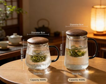 Japanese Glass Tea Mug with Wooden Lid, Loose Leaf Infuser Cup