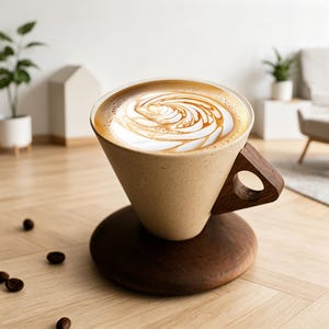 May include: A beige ceramic pour-over coffee maker with a wooden handle and base. The coffee cup is filled with a latte, featuring a detailed swirl design in the foam. Coffee beans are scattered on the wooden surface.
