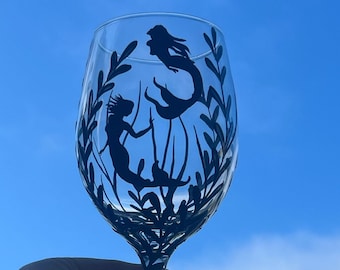 Mermaids- hand painted wine glass