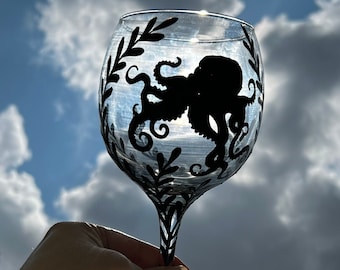 Hand painted octopus wine glass