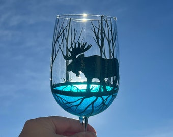 hand painted moose wine glass