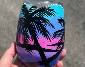 Hand painted Tropical stemless wine glass