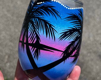 Hand painted Tropical stemless wine glass