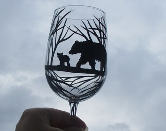 1 Hand painted black bear and cub wine glass