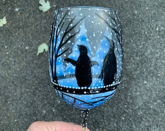 Hand painted penguin wine glass