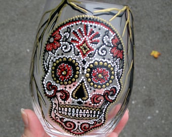 Sugar skull stemless wine glass (hand painted)