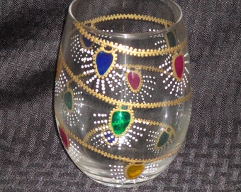 1 Hand painted Christmas lights wine glass