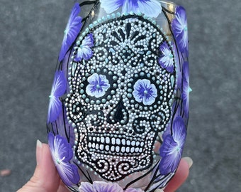 Sugar skull stemless wine glass (hand painted)