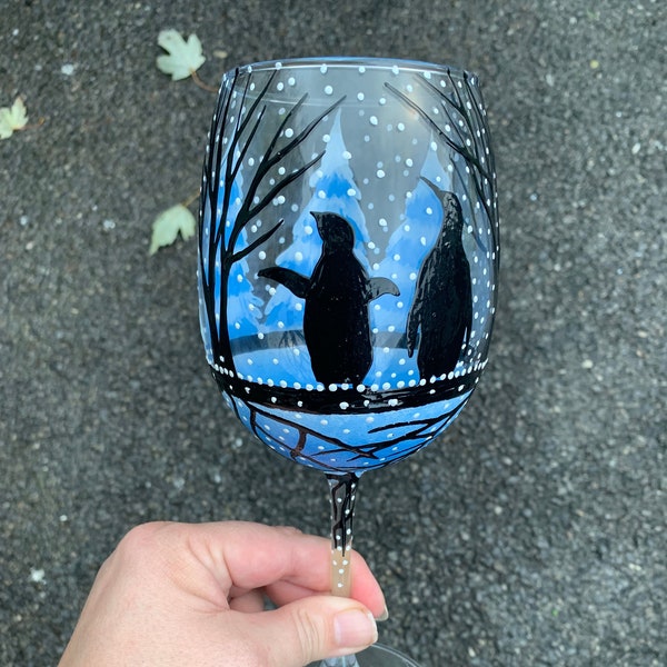 Hand painted penguin wine glass