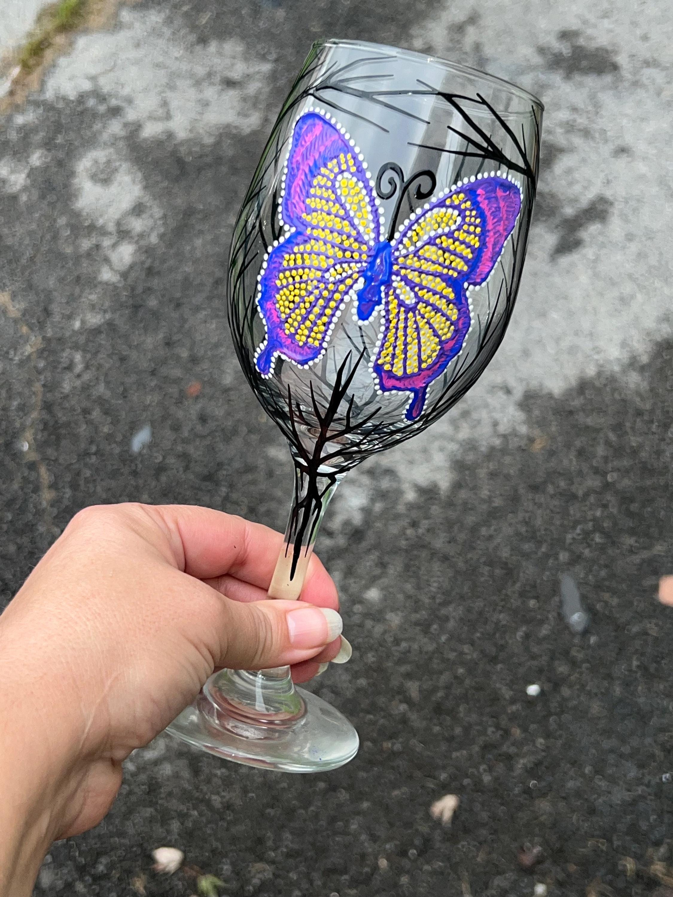 Hand Painted Butterfly Wine Glass - Etsy